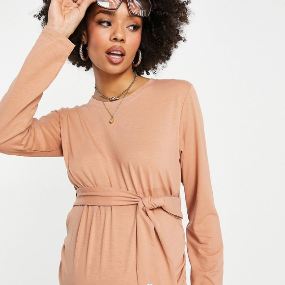 NWT! women's Threadbare Maternity tie belt long sleeve midi dress taupe 10 baby - Picture 3 of 6